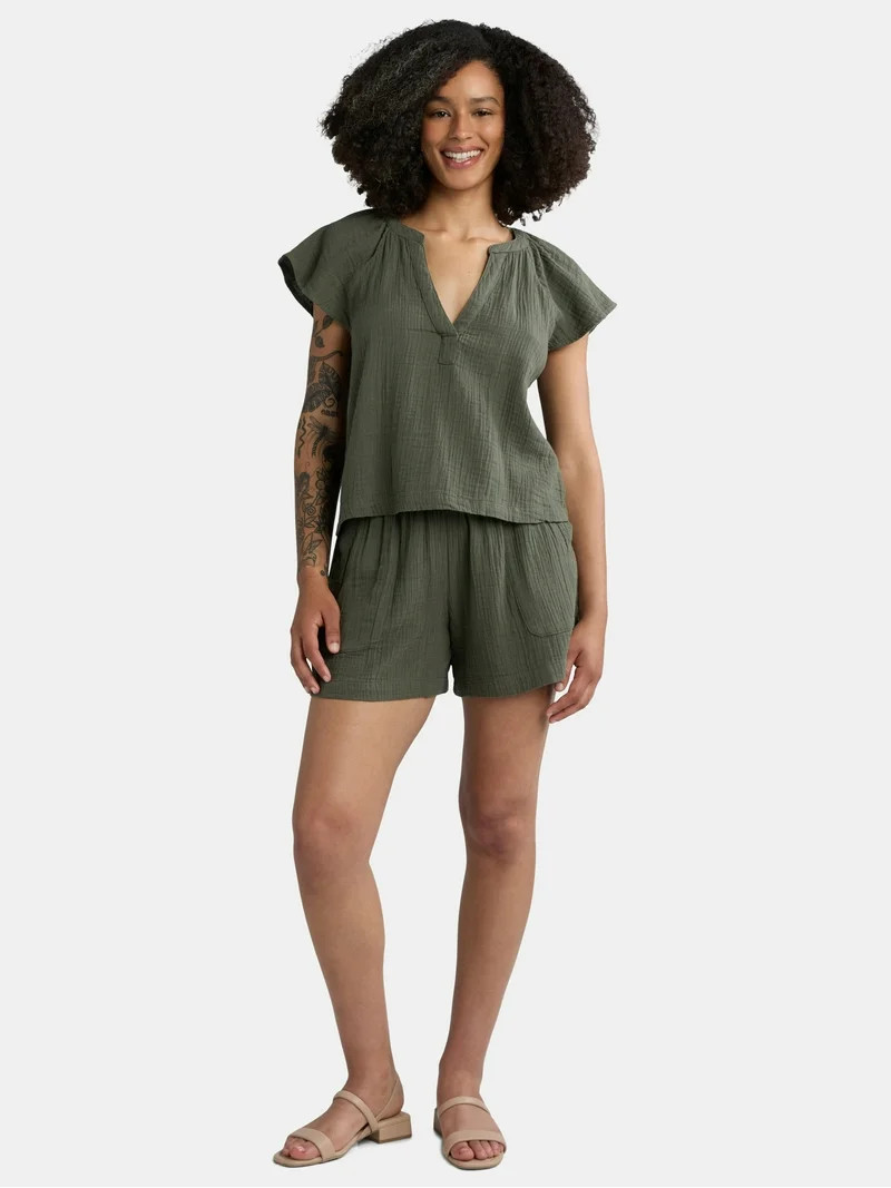 Time and Tru Women's Double Cloth Short Set, Sizes XS-XXXL | Walmart (US)