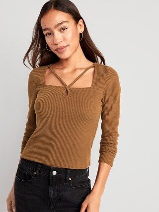 Fitted Long-Sleeve Strappy Keyhole Top for Women | Old Navy (CA)