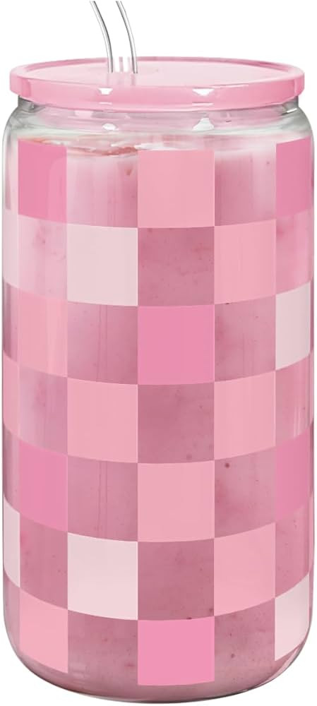 Checker 16 Oz Can Glass Tumbler with Acrylic Lid and Straw - Iced Coffee Cups for Women, Aestheti... | Amazon (US)