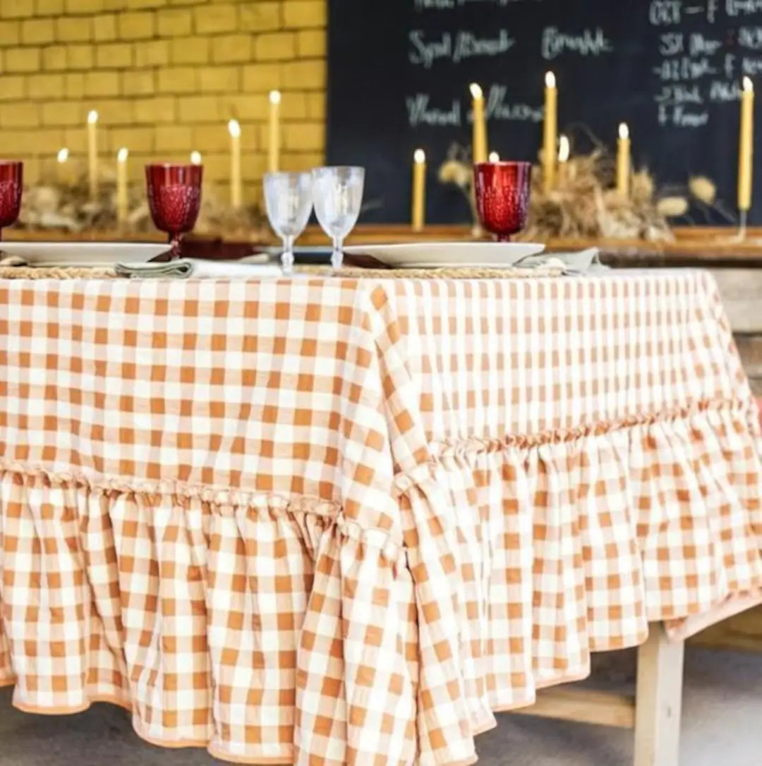 Linen Gingham Ruffle Tablecloth, Farmhouse Kitchen Decor, Vintage Checkered Table Cover, Rustic D... | Etsy (US)