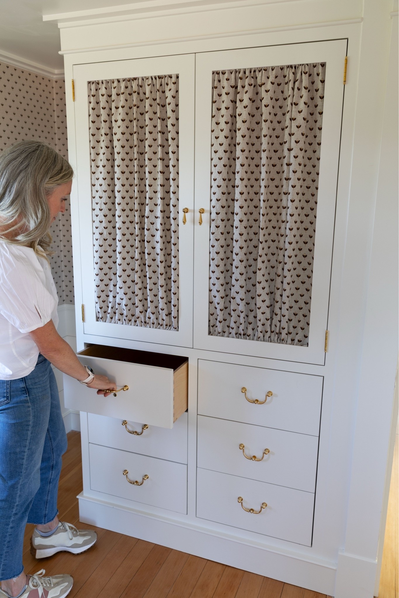 Daphne’s cute closet ☺️ 

This one has been months in the making! Garrett built the frame, a local company made the doors and drawer boxes, and my mom sewed the fabric panels out of linen sheets. It wasn’t quick, but it sure is pretty! 

Paint color is BM Swiss Coffee

#LTKHome