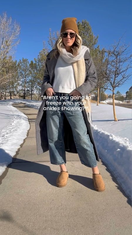 Winter outfit
Sweater - large
Barrel jeans - sized down (29)
Topcoat - medium tall, fits oversized 
Shoes - 11, Ugg slipper look for less, comes in 2 colors, 2 heights and up to size 12 

#LTKmidsize #LTKSeasonal
