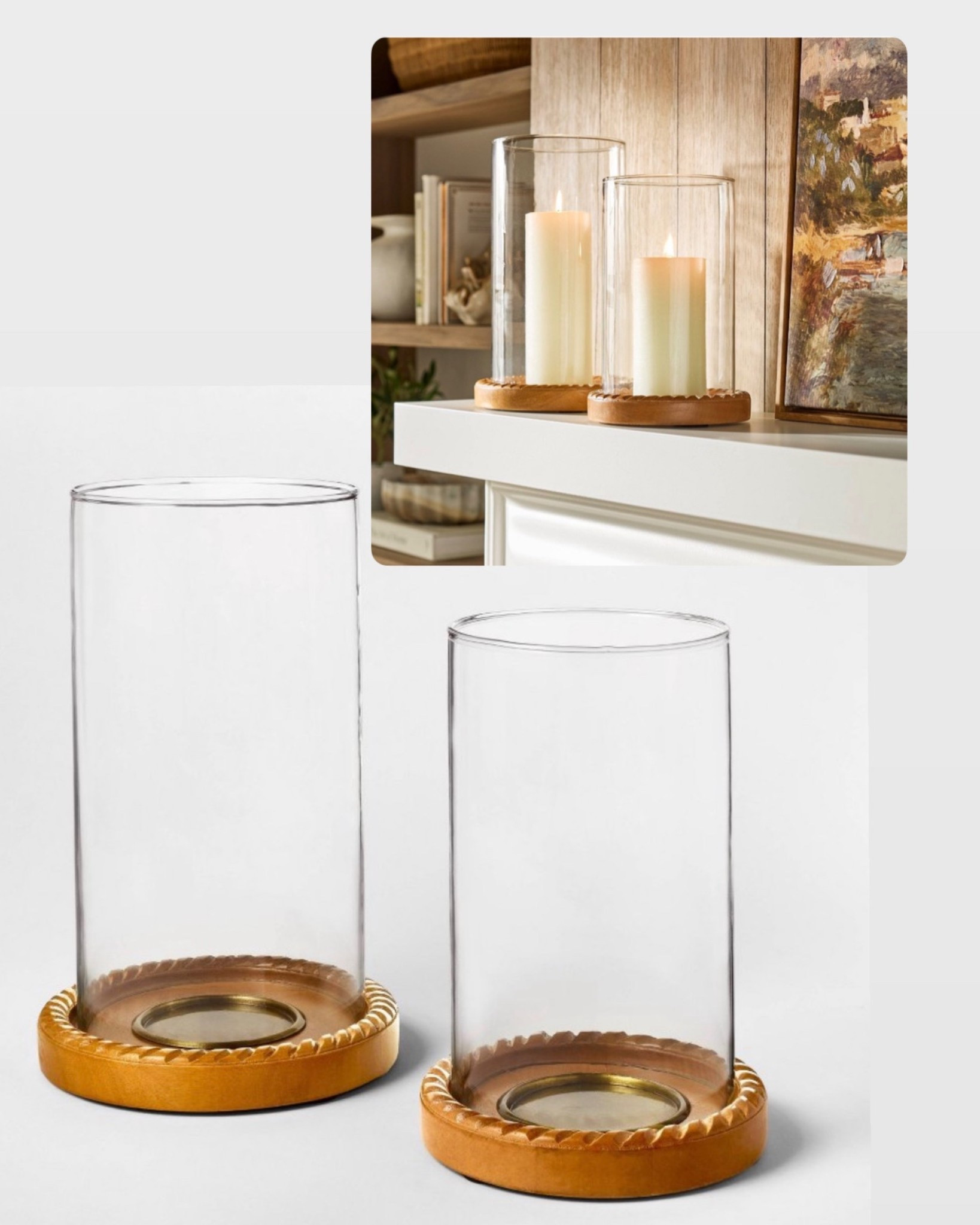 Wood and glass hurricane candle holders 
2 sizes 

#LTKFindsUnder50 #LTKHome #LTKSeasonal