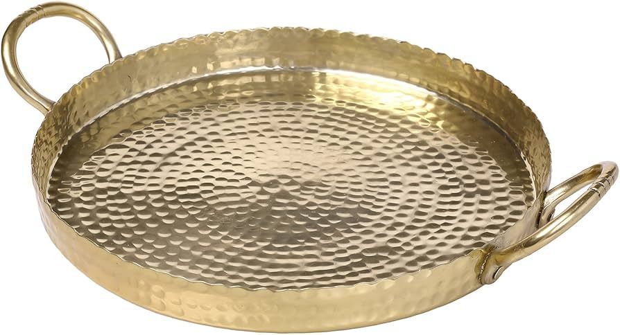 MyGift 12-inch Brass Metal Round Decorative Tray with Handcrafted Hammered Design, Large Centerpi... | Amazon (US)
