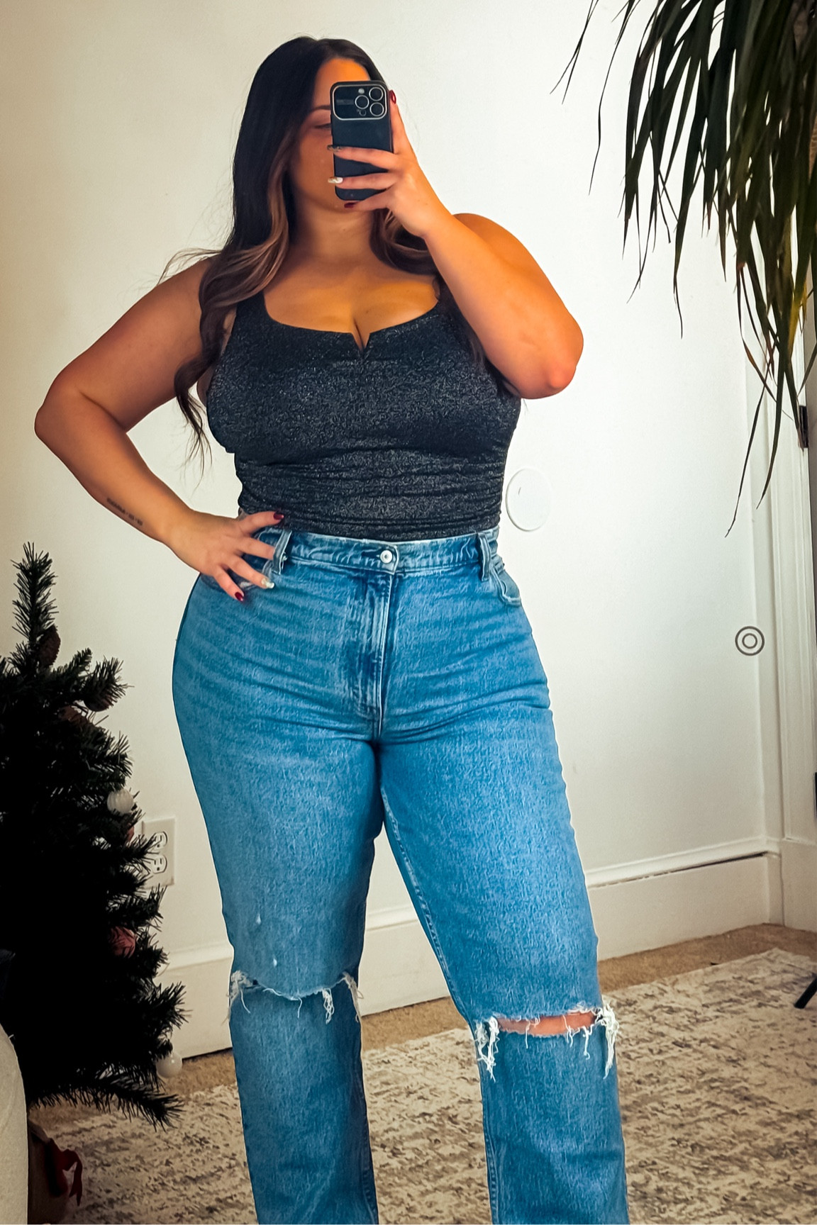 Shimmer metallic Shapewear bodysuit with built in bra and ruched sides 

5’2” 225lbs 14-16 38J

Bodysuit - size XXL
Jeans - size 34 (NOT IN CURVE LOVE) 

Perfect casual NYE outfit idea! 

#LTKPlusSize #LTKStyleTip #LTKMidsize