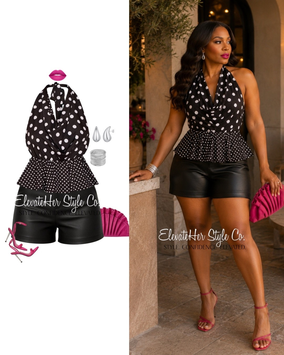Why This Outfit Works

Polka dots feel playful, but here's how you make them grown.

The trick with a print this fun is balancing it with something with an edge, and that's exactly what the faux leather shorts do. They give the soft, draped halter a hard counterpoint, so the whole look reads date night instead of daytime cute.

Then it's all about your color story. The pink heels, pink clutch, and bold lip pull from the same family on purpose, so the pops feel styled, not random. The silver jewelry cools everything down and keeps the black and white sharp.

One playful piece, one edgy piece, one color repeated three ways. That's the formula.

This is the kind of breakdown we do every week inside the membership, real looks for real life with the why behind every choice.

Which one would you reach for first, the polka dots or those pink heels? Tell me below.

#LTKgrwm #LTKootd #LTKdayinmylife