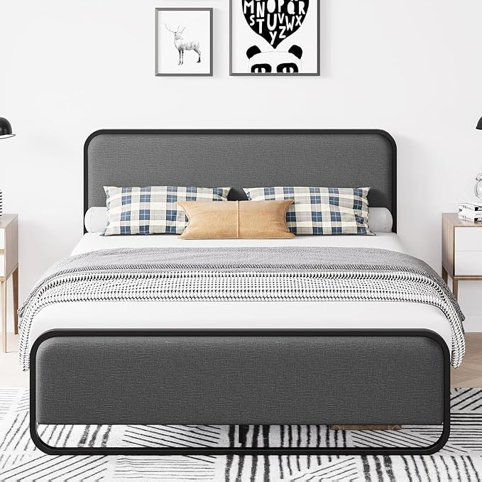 Homhougo Metal Bed Frame Full, Heavy Duty Platform Bed with Curved Upholstered Headboard and Foot... | Amazon (US)