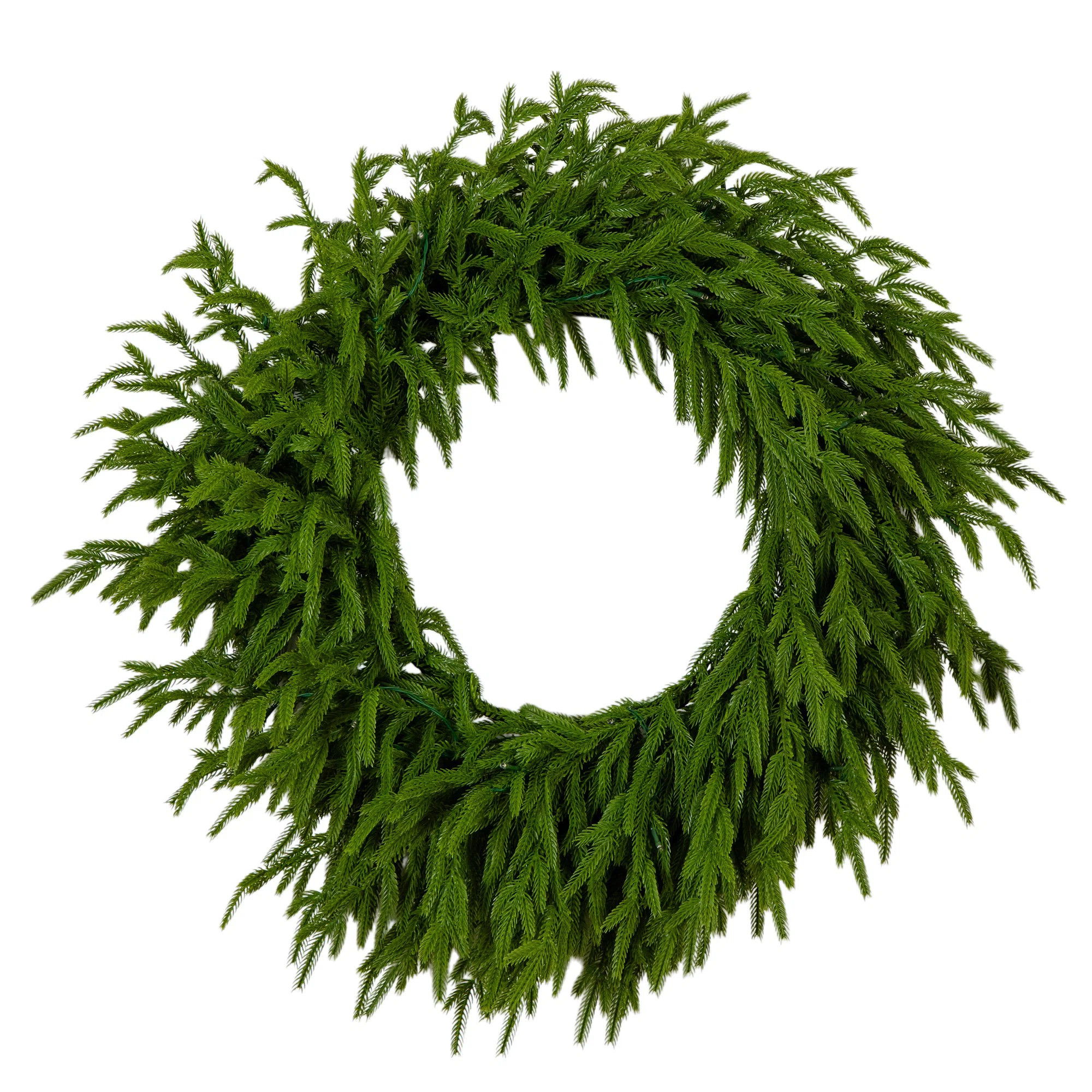 Artificial Real Touch Norfolk Island Pine Wreath With 35 Warm White LED Lights And Natural Look | Wayfair North America