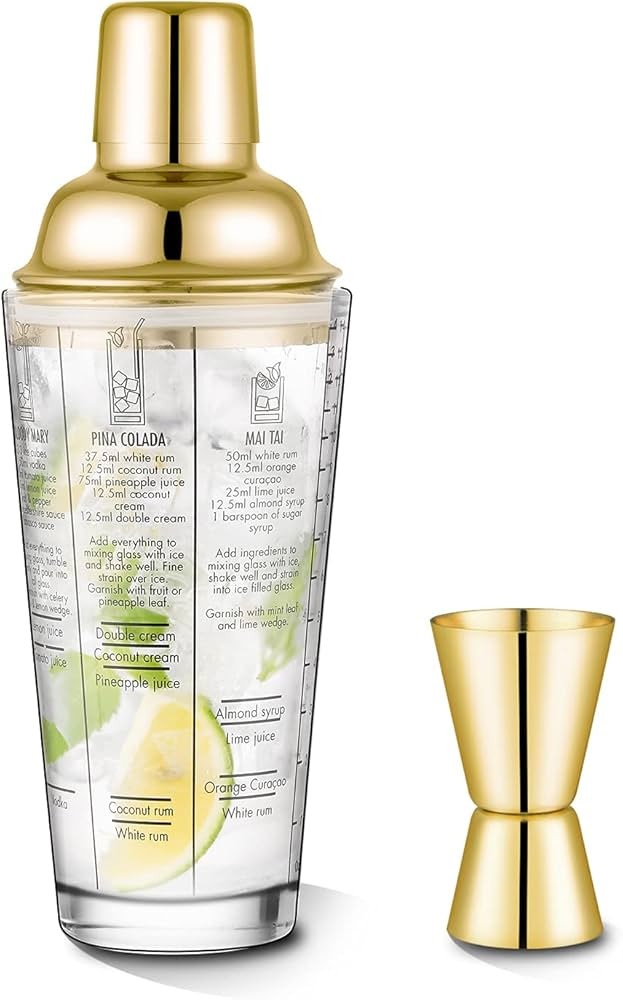 Glass Cocktail Shaker Printed with Recipes,14 oz Martini Shaker with Double Measuring Jigger,18/8... | Amazon (US)