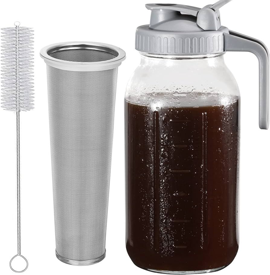 Cold Brew Coffee Maker Pitcher, 64 Oz Heavy Duty Wide Mouth Glass Mason Jar pour spout Lid with Stainless Steel Filter for Iced Coffee, Ice Lemonade, Fruit Drinks, Sun Tea | Amazon (US)