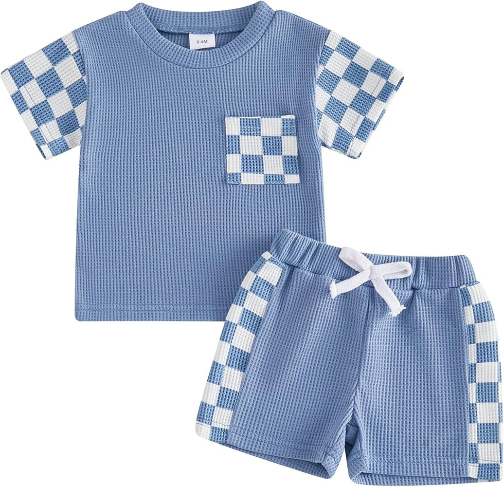 Tsultryofs Baby Boy Summer Clothes Toddler Infant Plaid Patchwork Outfit Short Sleeve Round Neck ... | Amazon (US)