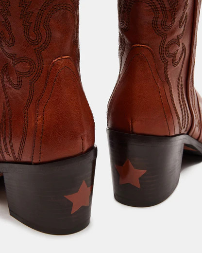 SALOON Cognac Leather Knee-High Western Boot | Women's Boots | Steve Madden (US)