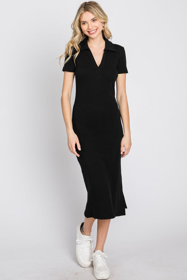 Black Collared Ribbed Midi Dress | PinkBlush Maternity