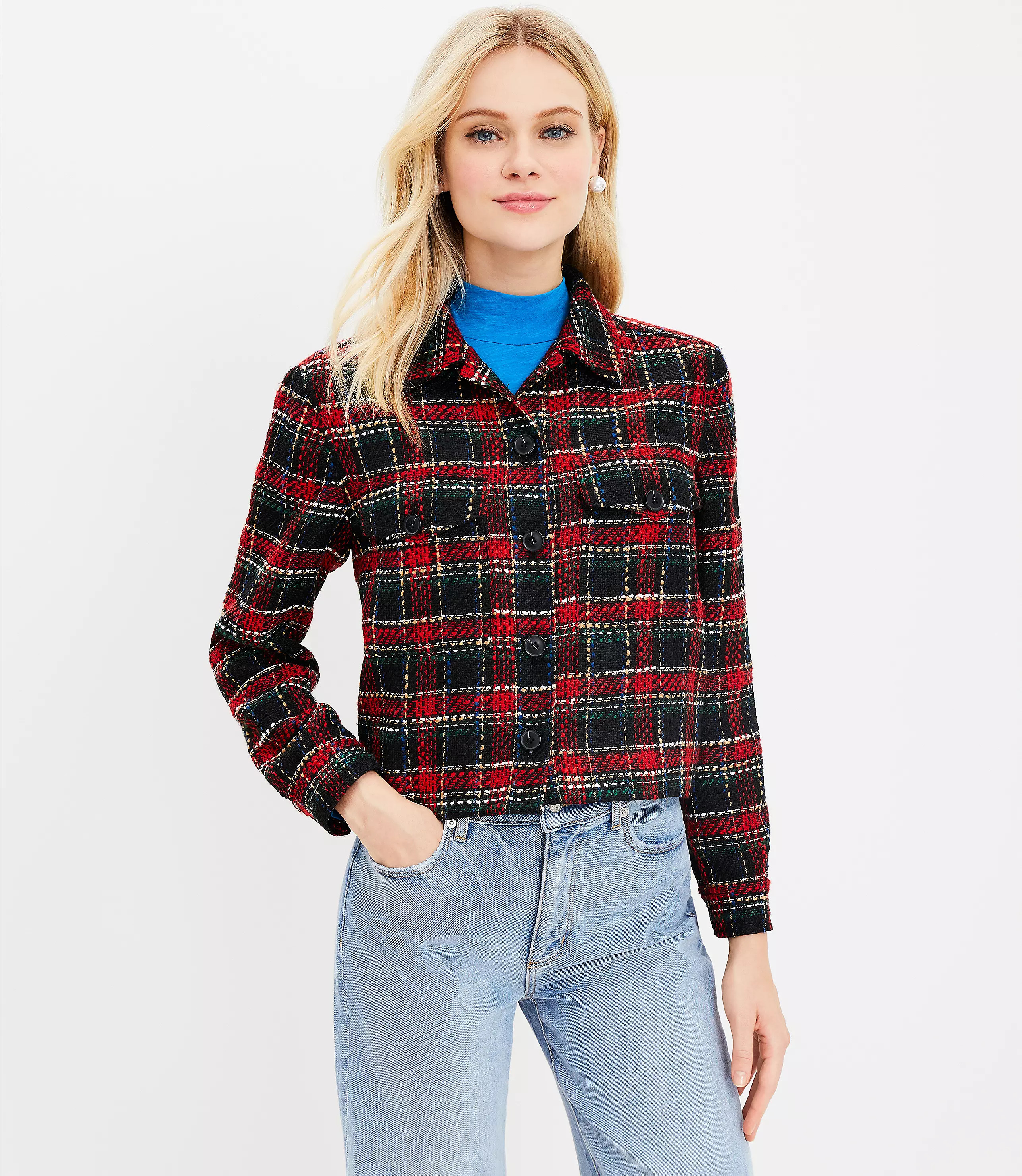 Plaid Textured Tweed Shirt Jacket | LOFT