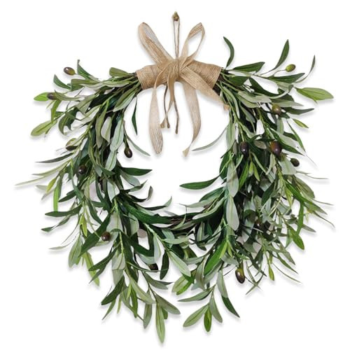 22” Heart Shaped Artificial Olive Leaf Wreath, Green Leaf Olive Fruit Spring Flower Swag， Front Door Wedding Arch Window Wall Hanging Farmhouse Garden Decoratio(1pcs) | Amazon (US)