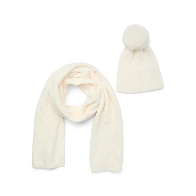 Time and Tru Women's Cozy Cross Beanie and Winter Scarf 2-Piece Gift Set, Winter White | Walmart (US)