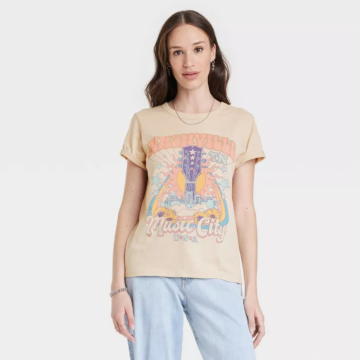 Women's Music City Short Sleeve Graphic T-Shirt - Beige | Target