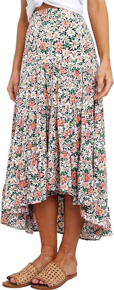 SimpleFun Women's Long Skirts Boho Floral Elastic High Waist Asymmetrical Hem Midi Skirt | Amazon (US)