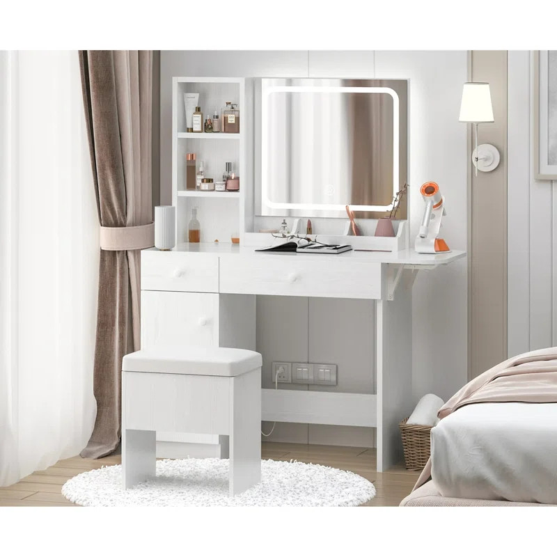 Vanity Desk Set With Led Lighted Mirror & Power Outlet | Wayfair North America