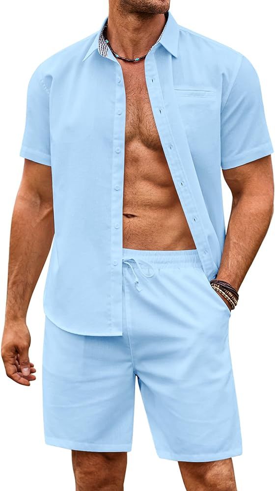 COOFANDY Men's 2 Pieces Linen Set Short Sleeve Beach Outfits Casual Button Down Shirt and Short S... | Amazon (US)