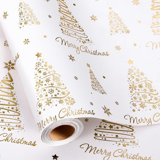 Homeral White Christmas Wrapping Paper Roll - 3D Embossed Trees and Letters with Gold Foil Metall... | Amazon (US)