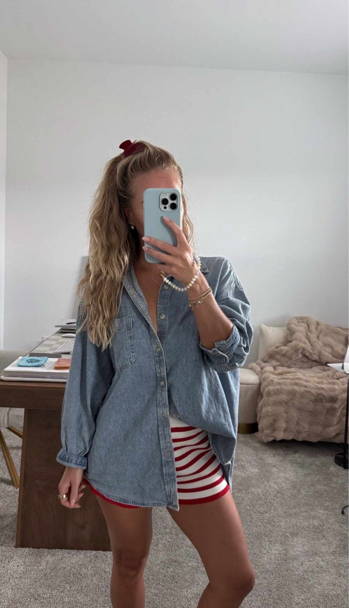 Casual OOTD ❤️ @Aritzia  Oversized Denim shirt paired with English Factory Striped Knit shorts. 

Small in shorts. 

4th of July fashion, Americana style, coastal grandmother style, New England summer, East Coast preppy, nautical outfit, classic summer fashion, red white and blue, summer holiday outfit, preppy style, coastal style

#LTKootd #LTKSaleAlert #LTKSeasonal