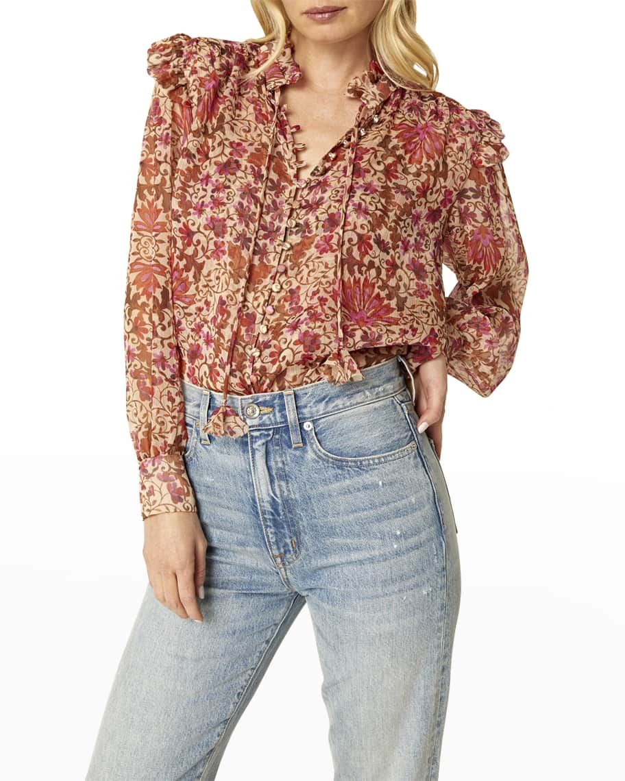 MISA Los Angeles Analeigh Button-Front Floral-Print Top | Neiman Marcus