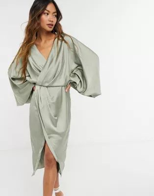 ASOS DESIGN blouson sleeve satin shirt dress with open back in olive | ASOS (Global)