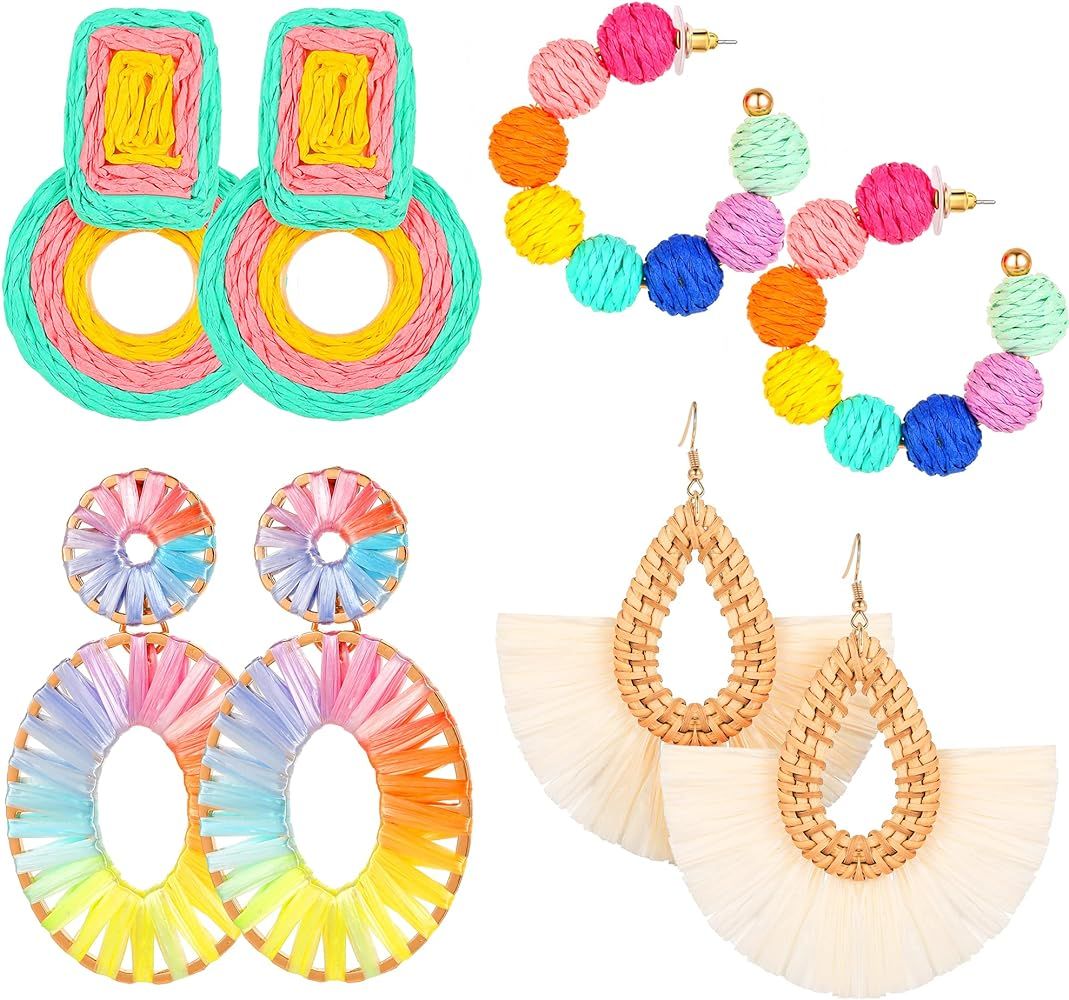 Statement Raffia Earrings for Women Bulk Rattan Earrings Set Colorful Rainbow Beaded Hoop Earring... | Amazon (US)