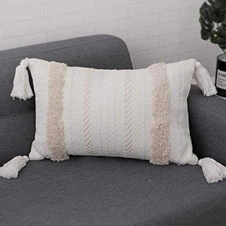 blue page Tufted Boho Lumbar Throw Pillow Cover with Tassels Decorative Linen Pillowcase Textured Cu | Amazon (US)