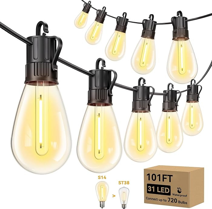 Minetom 101FT Outdoor-String-LED-Patio-Lights-Waterproof, 31Shatterproof S14 Vintage Edison Bulbs... | Amazon (US)