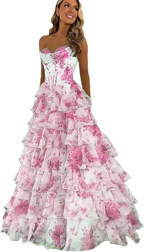 Strapless Prom Dress Floral Print Formal Dress Long Tiered Chiffon Evening Party Gowns with Pocke... | Amazon (US)