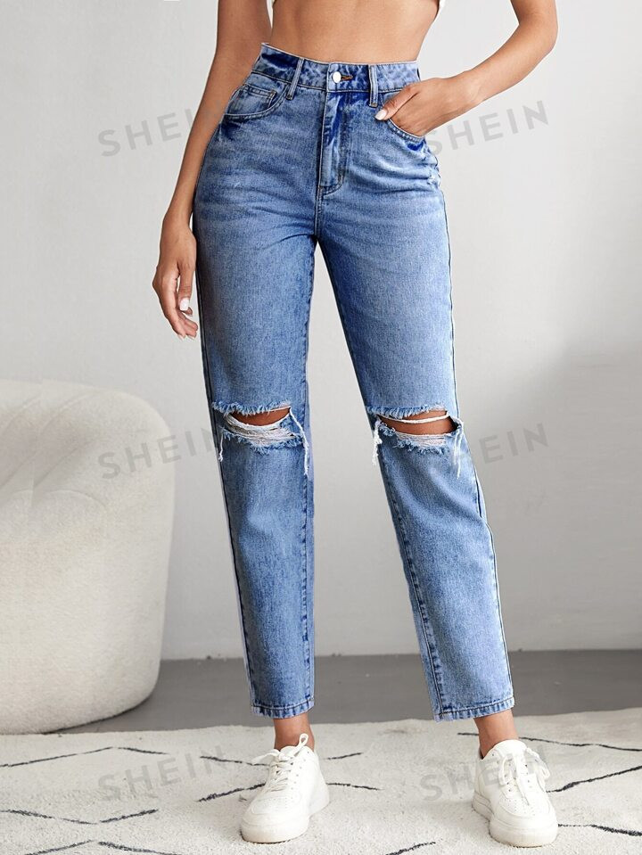 SHEIN Tall High Waist Ripped Mom Fit Jeans | SHEIN