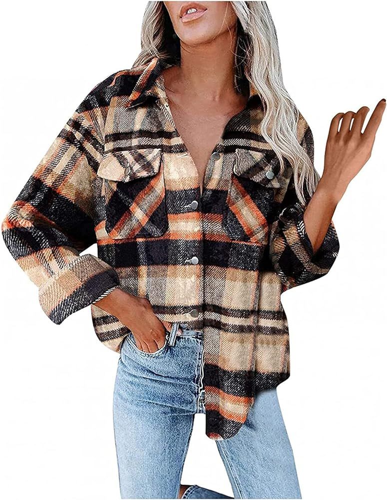 Women's Brushed Plaid Shirts Long Sleeve Flannel Lapel Button Down Pocketed Shacket Flannel Jacket C | Amazon (US)
