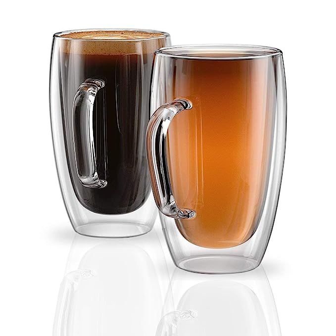 Large Coffee Cups 15oz – Set of 2 Drinking Glasses – Double Insulated Wall Glass – Perfect ... | Amazon (US)