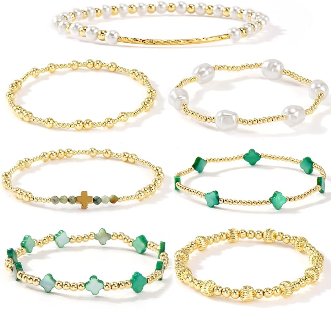 Dainty Cross Clover Gold Beaded Pearl Bracelet Stack for Women,Handmade Boho Gold Plated Beads St... | Amazon (US)