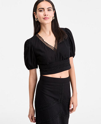 I.N.C. International Concepts Women's Crochet-Trim Cropped Blouse, Exclusively at Macy's - Macy's | Macy's