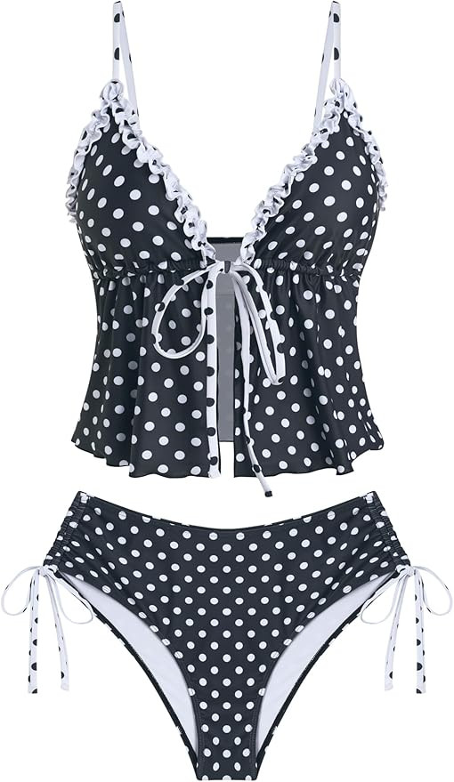 ZAFUL Tankini Swimsuits for Women Smocked Ruffles Tie Front Bowknot Textured High Cut Tanga Tanki... | Amazon (US)