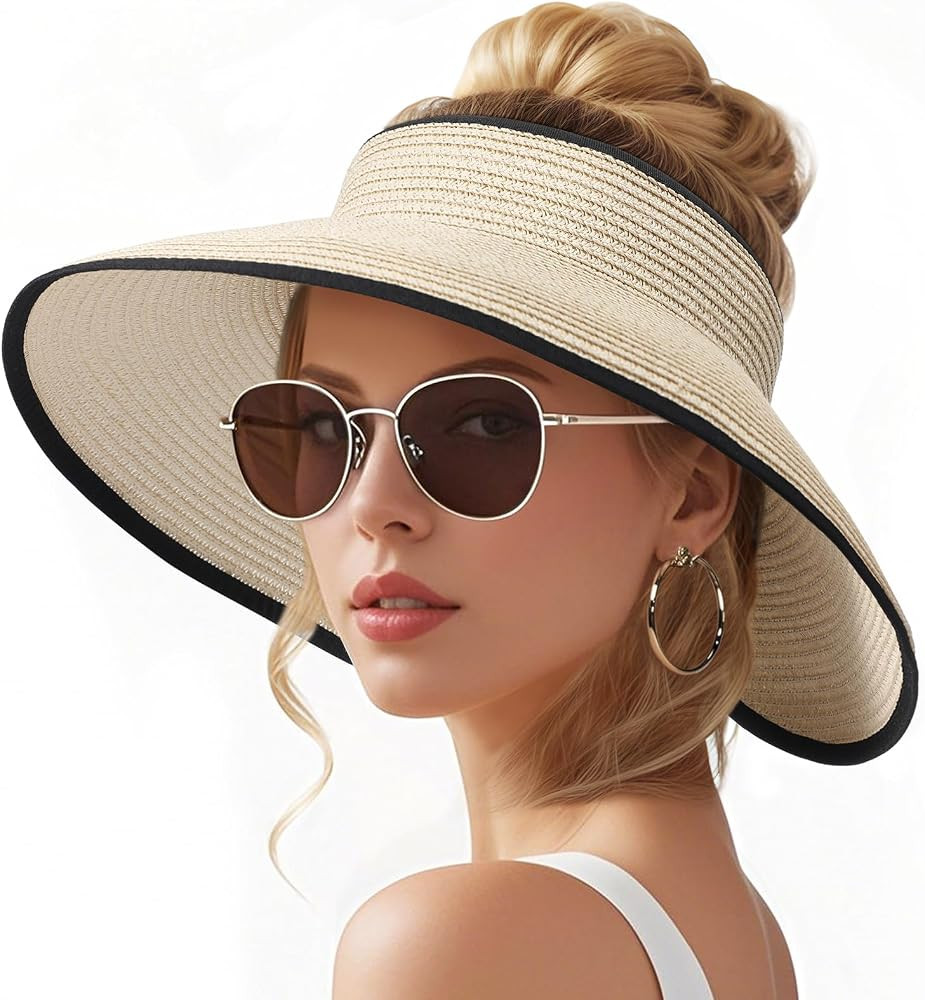 Sun Hats for Women, Wide Brim Straw Beach Hat for Women Foldable Floppy, Sun Hat UPF 50+ UV Prote... | Amazon (US)
