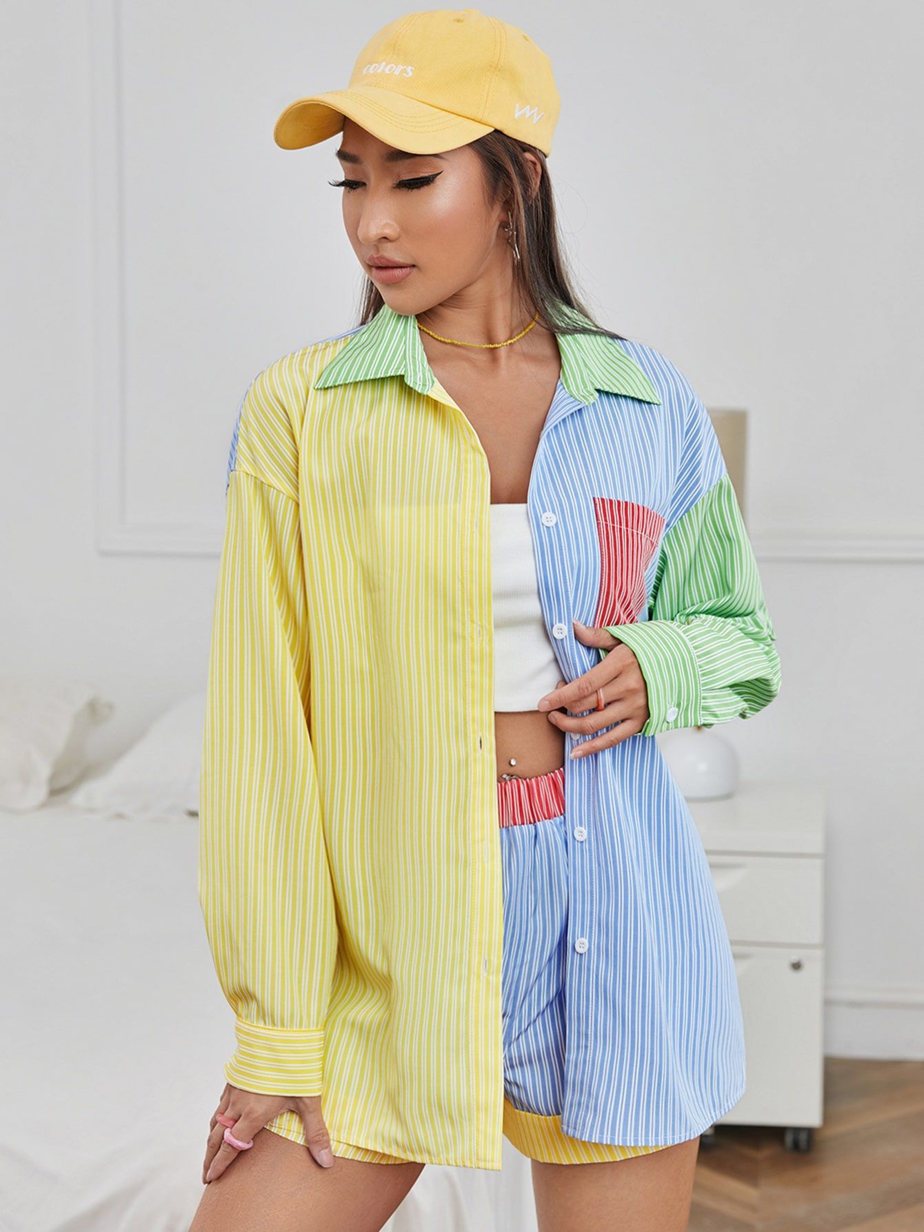 SHEIN Drop Shoulder Striped Colorblock Blouse & Shorts Set | SHEIN