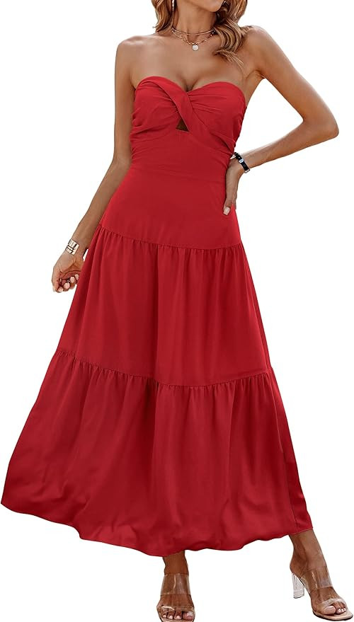 ECOWISH Women's Summer Strapless Dress 2023 Maxi Off Shoulder Hollow Out Smocked A Line Tube Tier... | Amazon (US)