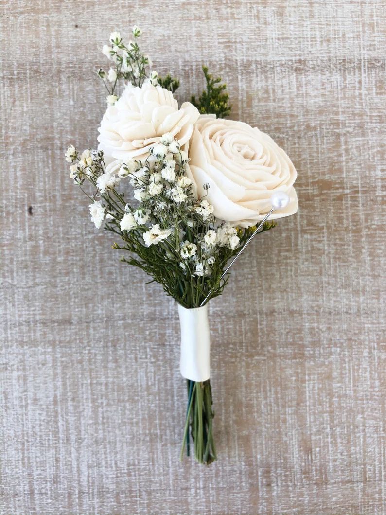 Ivory Bliss Collection- Boutonnière- Wood Flowers, Preserved/Dried Greenery Boutonnière | Etsy (US)