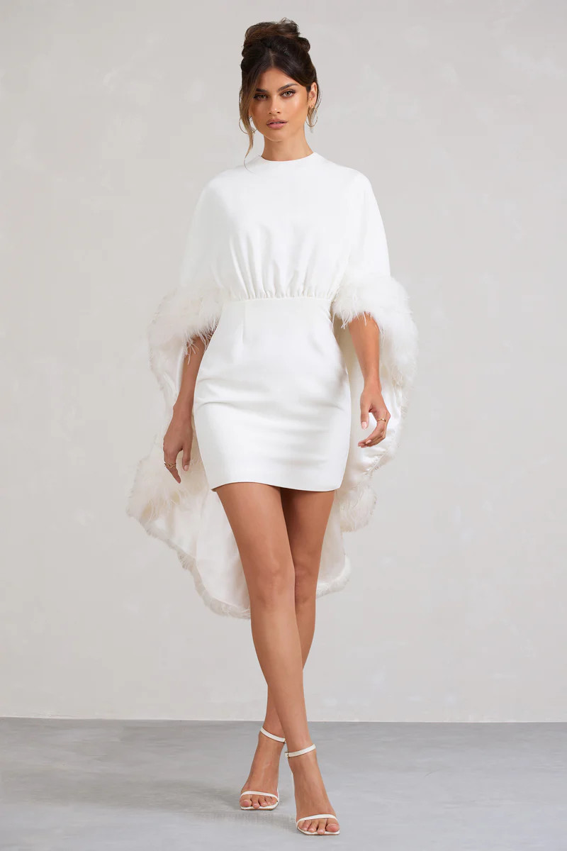 Of The Manor | White Gathered Mini Dress With Feather Cape | Club L London