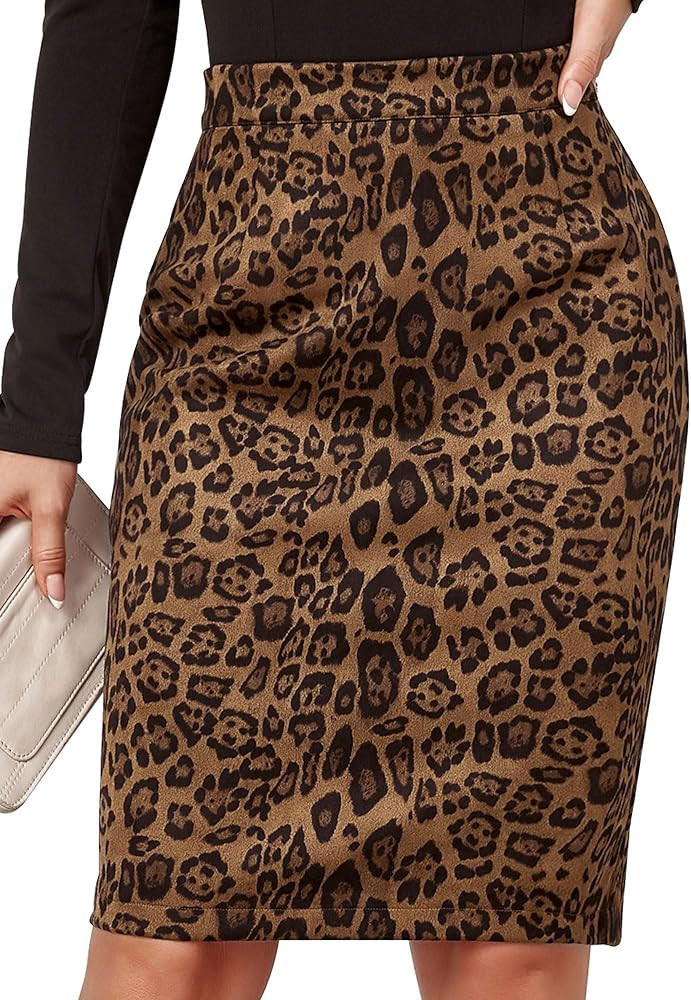 Ezcosplay Women Faux Suede Leopard Pencil Skirt Knee Length High Waisted Cheetah Print Bodycon Mi... | Amazon (US)
