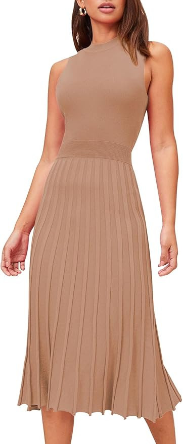 Pink Queen Women's Crew Neck Sleeveless High Waisted Bodycon Pleated Ribbed Swing Knit Midi Dress... | Amazon (US)