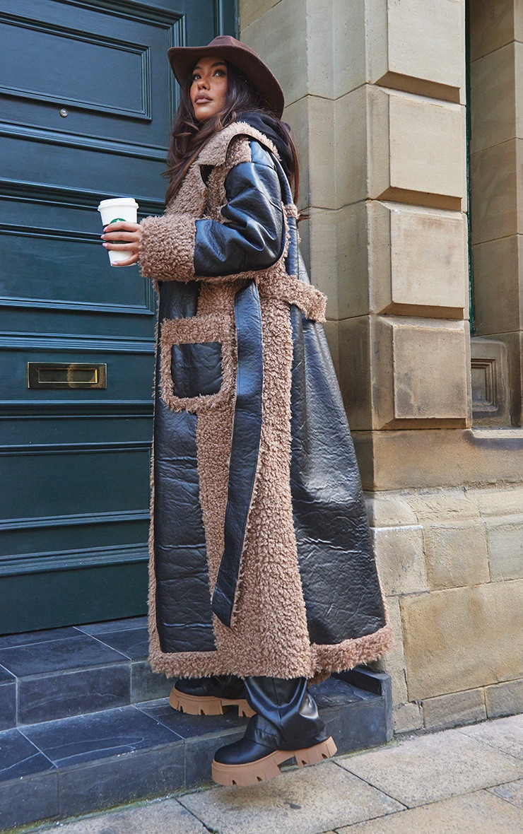 Black Faux Shearling Trim Faux Leather Maxi Coat | PrettyLittleThing US