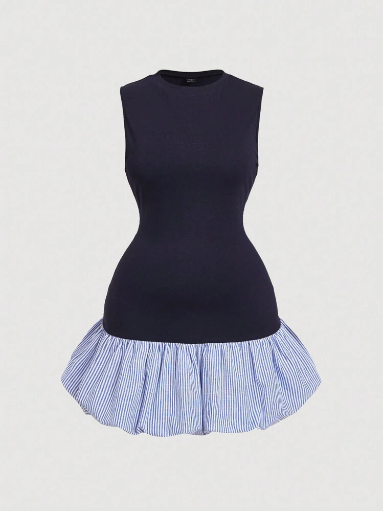 Mod Retro Cut Navy Blue Ruched Waist Flared Hem Midi Dress | SHEIN