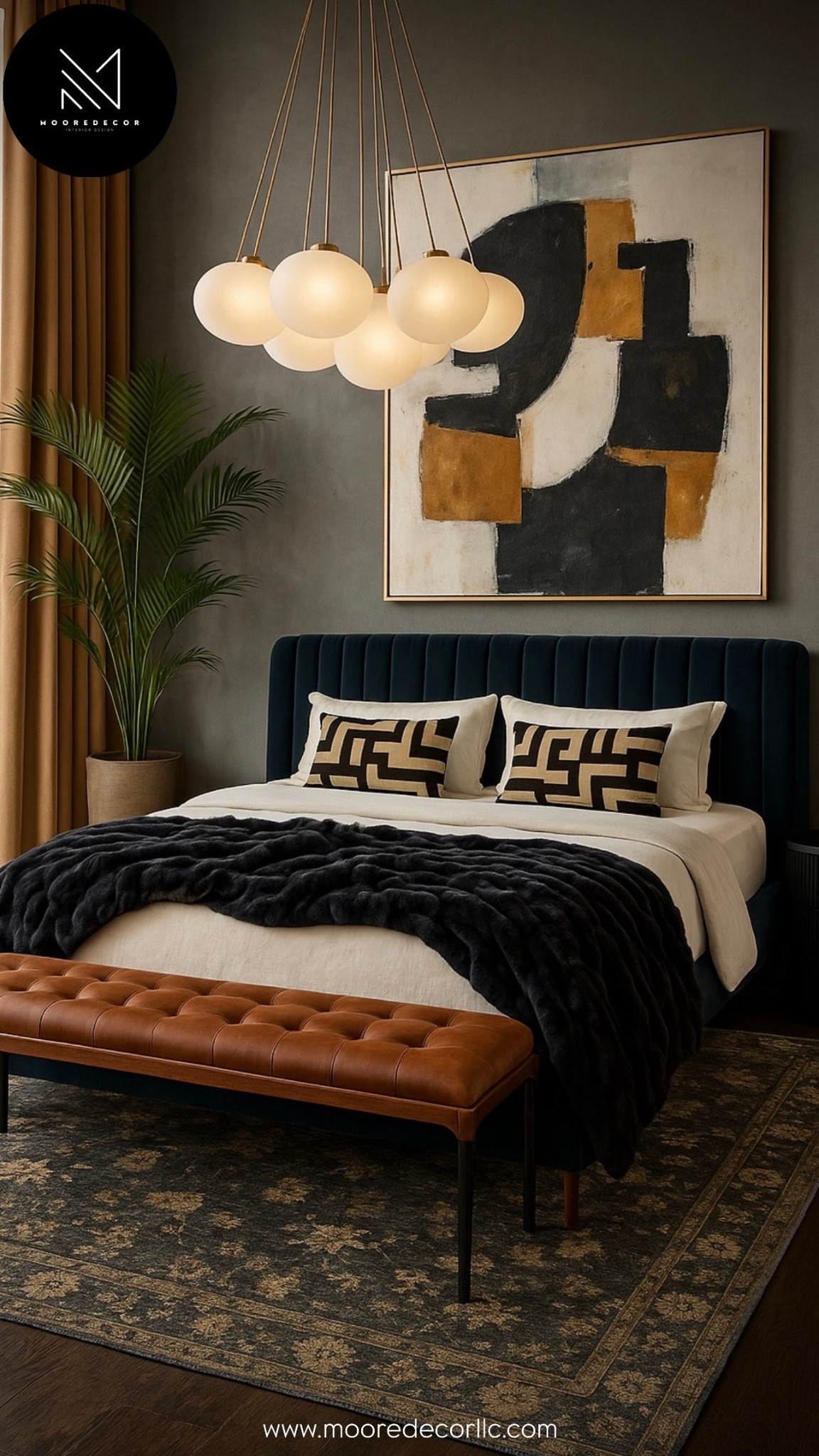 When your bedroom feels like a luxe retreat, you know you did something right . I’m obsessed with how the deep navy headboard, rich leather bench, and cozy textured throw play together here. The oversized abstract art and statement chandelier bring just the right amount of drama, while the floor to ceiling windows keep it light and airy. This is modern bedroom design with a touch of warmth because comfort is the ultimate luxury.

#LTKStyleTip #LTKHome