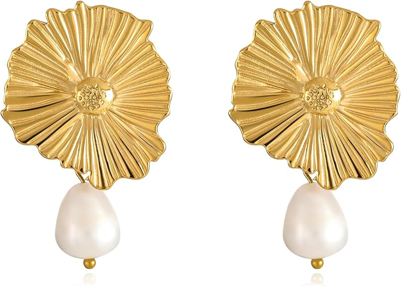 Gold Pearl Earrings for Women - 14K Gold Plated Vintage Statement Pearl Drop Dangle Earrings Fash... | Amazon (US)