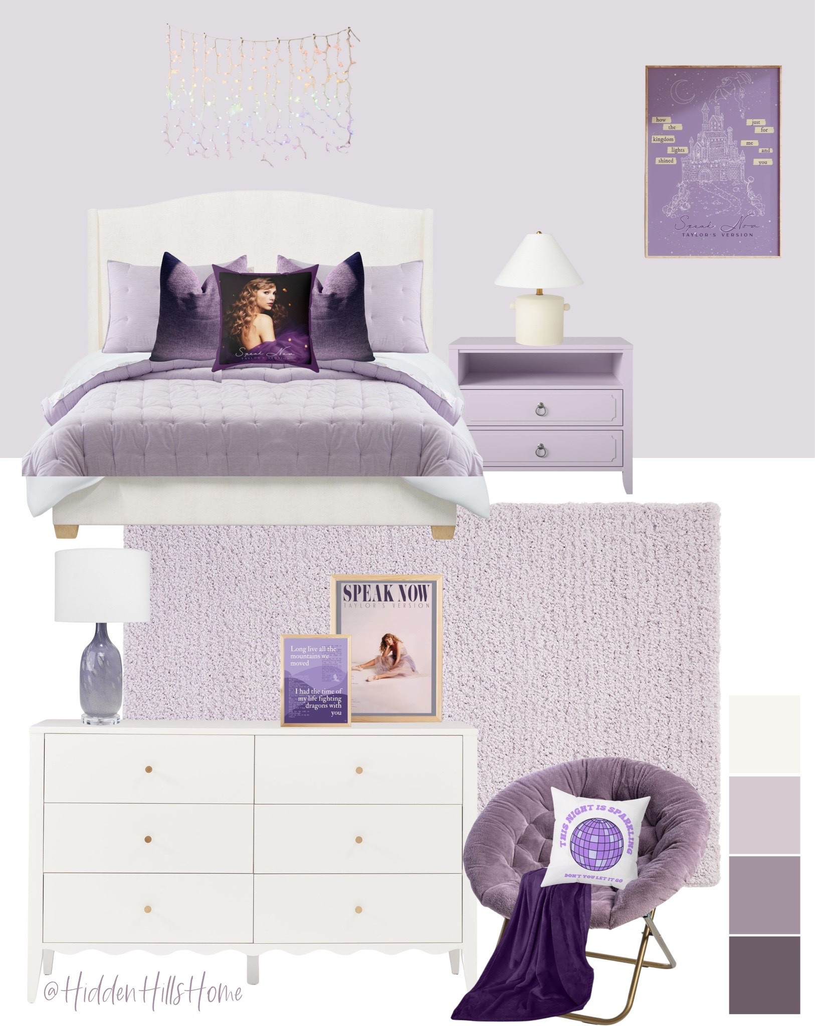 Taylor Swift Speak Now themed bedroom decor, girls bedroom mood board, girls room decor ideas, Speak Now Taylor’s Version girls room design #girlsbedroom

#LTKHome #LTKSaleAlert #LTKKids